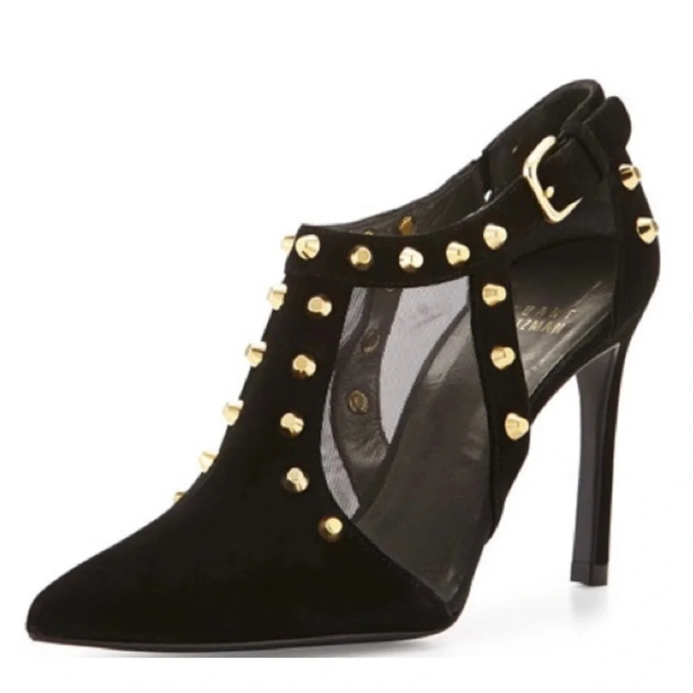 Stuart Weitzman Saunter Studded Suede Ankle Heeled Pumps Black Women Size 7M